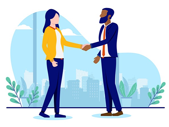 Graphic illustration of woman and man shaking hands in business deal